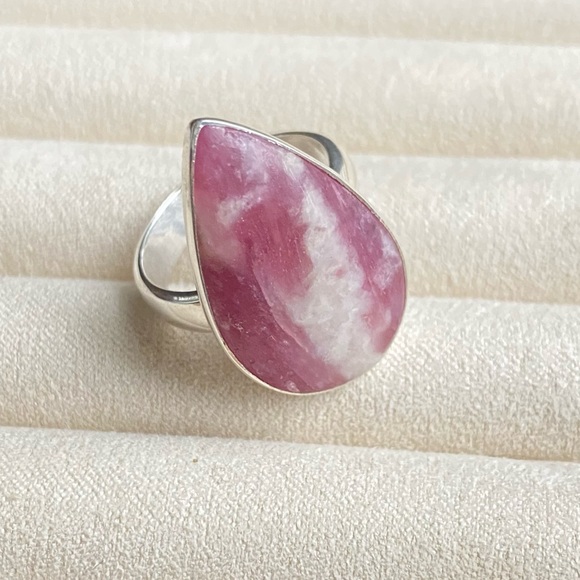 925 Sterling Silver Large Rhodochrosite Gemstone Teardrop  Ring - Picture 5 of 16